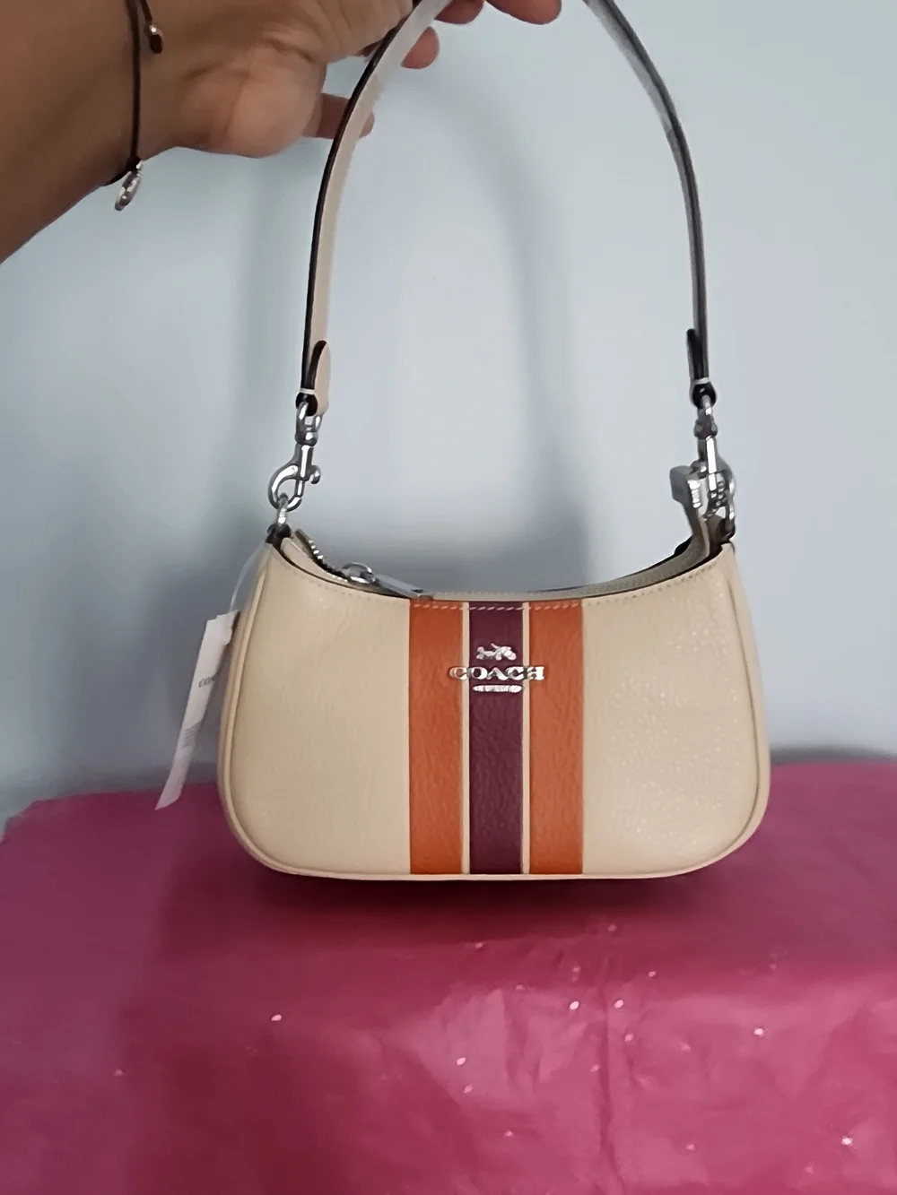 Coach Beige Pebbled Leather Shoulder Bag with Orange and Burgundy Stripes